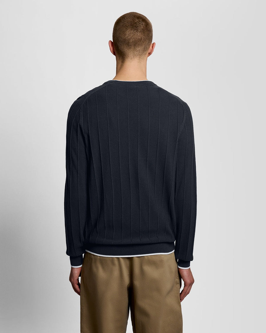 Pull à col rond en maille piquée à rayures, bleu marine foncé