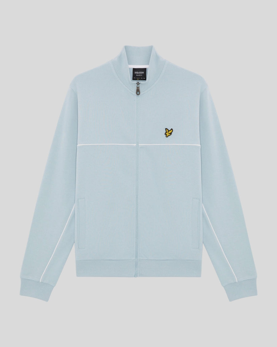 Homme portant un sweat à capuche zippé intégral à passepoil, couleur bleu opale