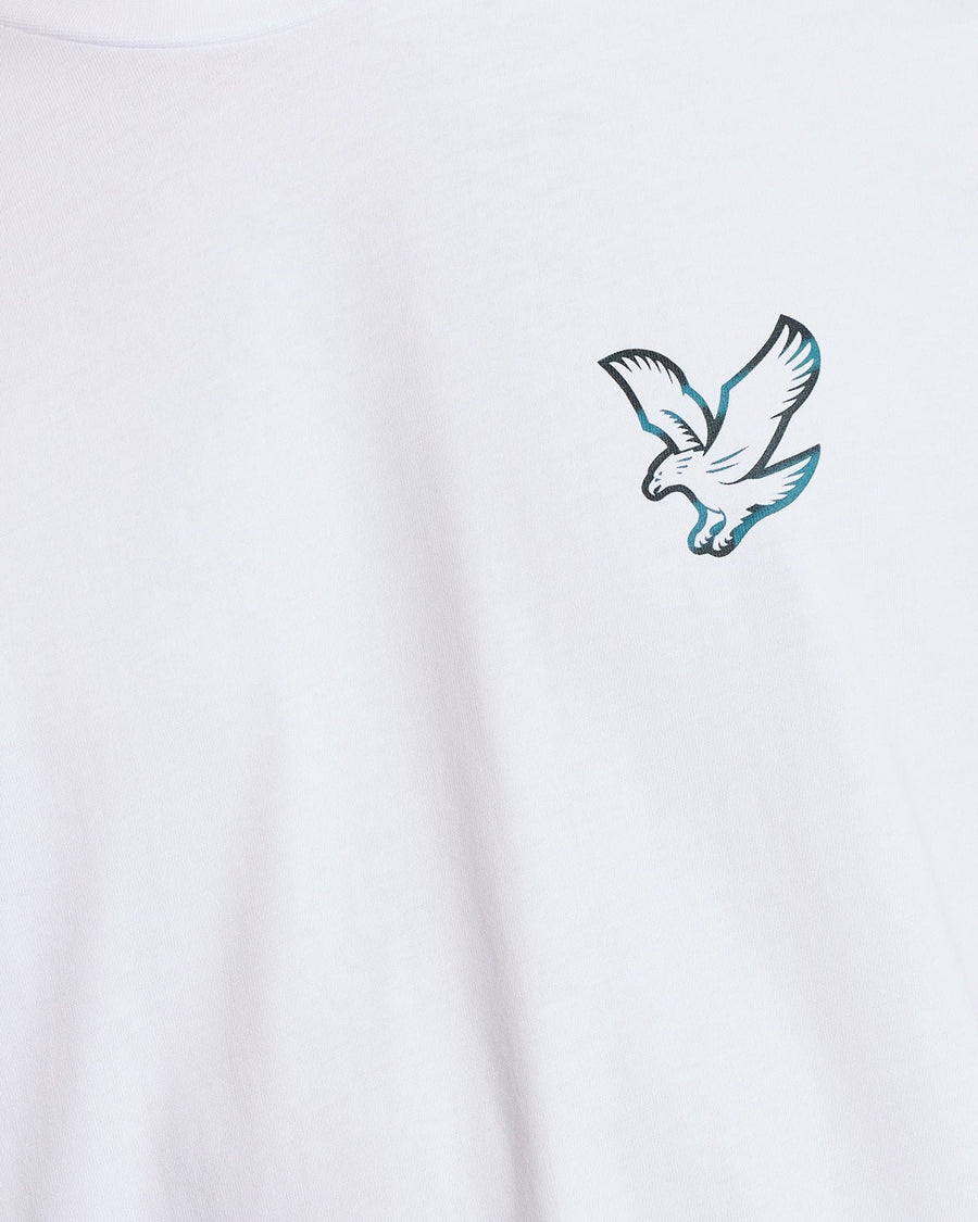 Homme portant un t-shirt à imprimé graphique dans le dos, blanc/lagune