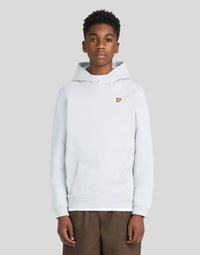 Boy wears Brush Back Hoodie in Grey Fog