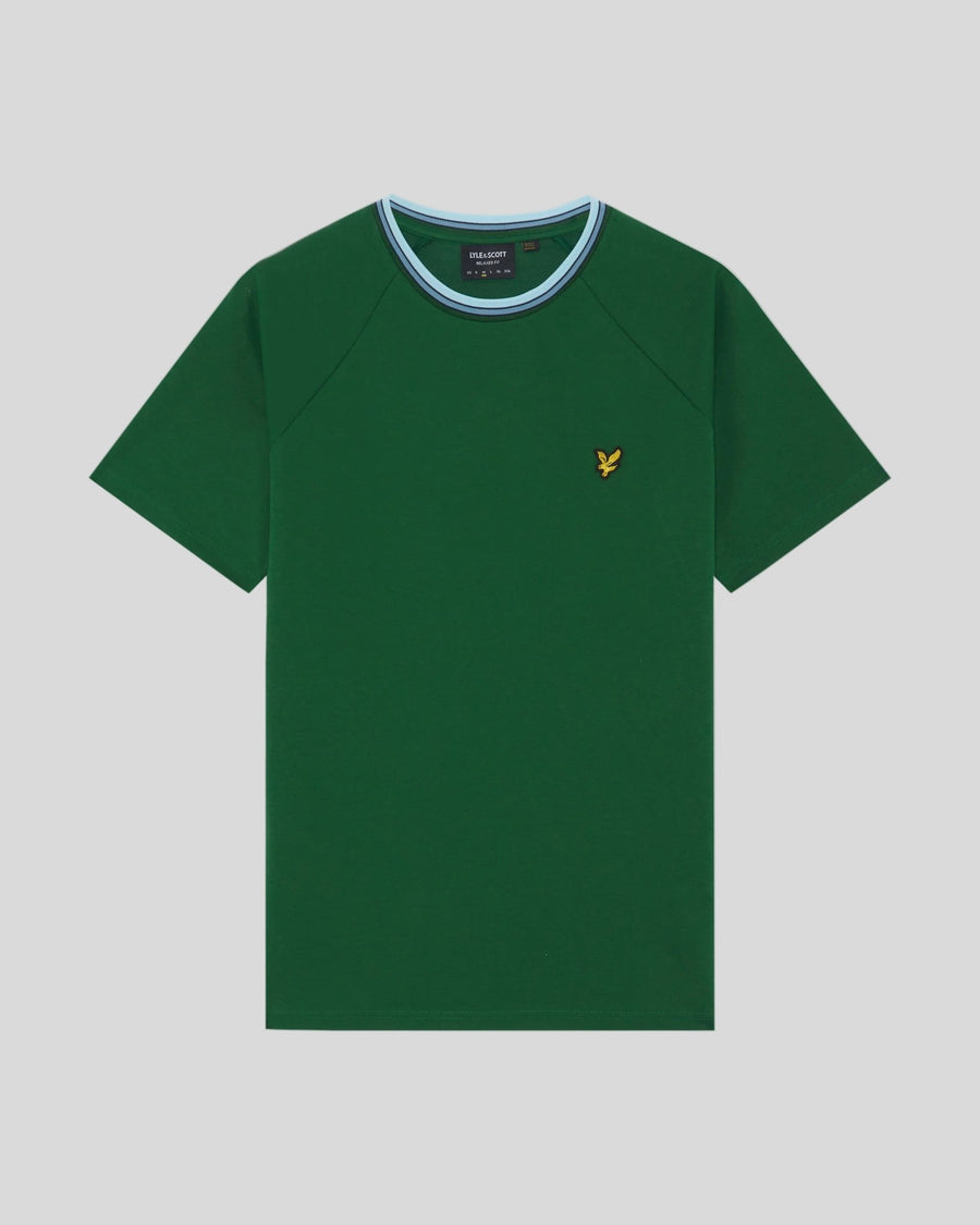 Man wears Tipped Track T-Shirt in Clover Green