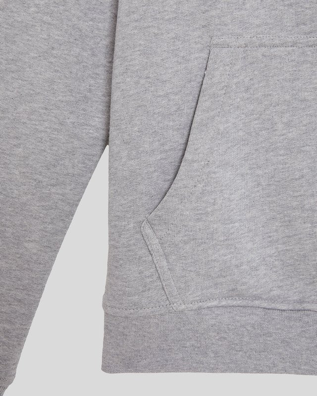 Boy wears Loopback Cotton Hoodie in Light Grey Marl