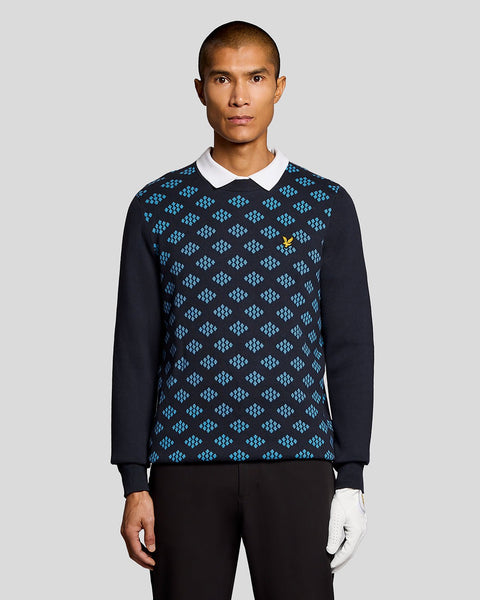 Lyle & Scott Men's Golf Cotton Crew Neck Argyle Jumper in Navy