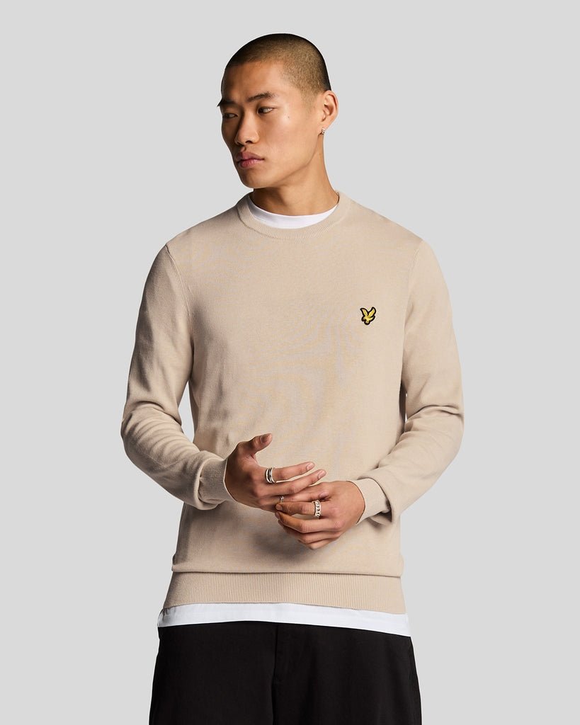 Un homme porte un pull à col rond en coton, couleur Cove