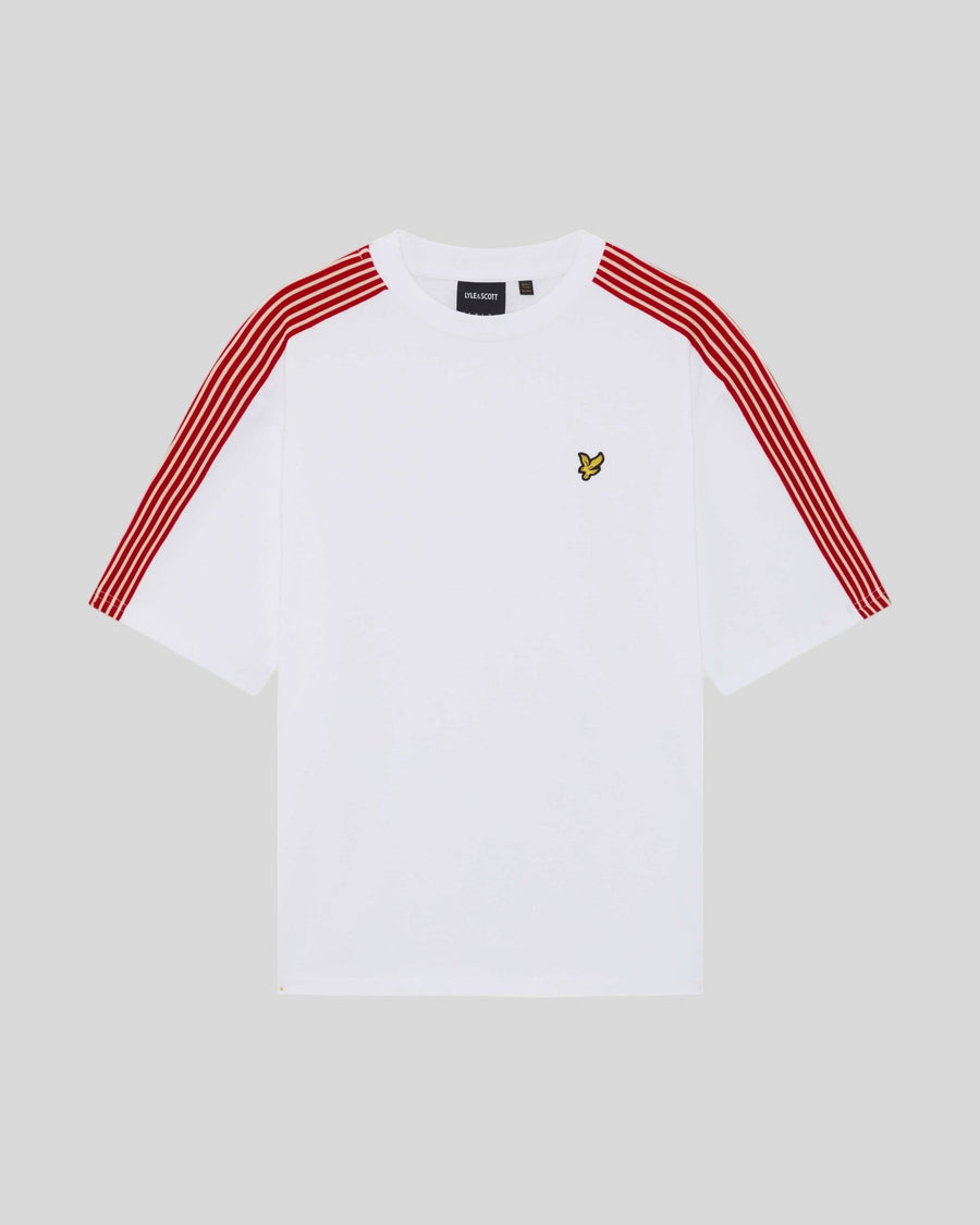 Man wears Stripe Taped Cotton T-Shirt in White