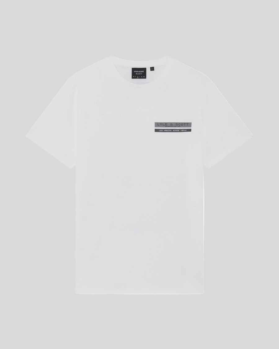 Man wears TV Pixel Back Graphic T-Shirt in White