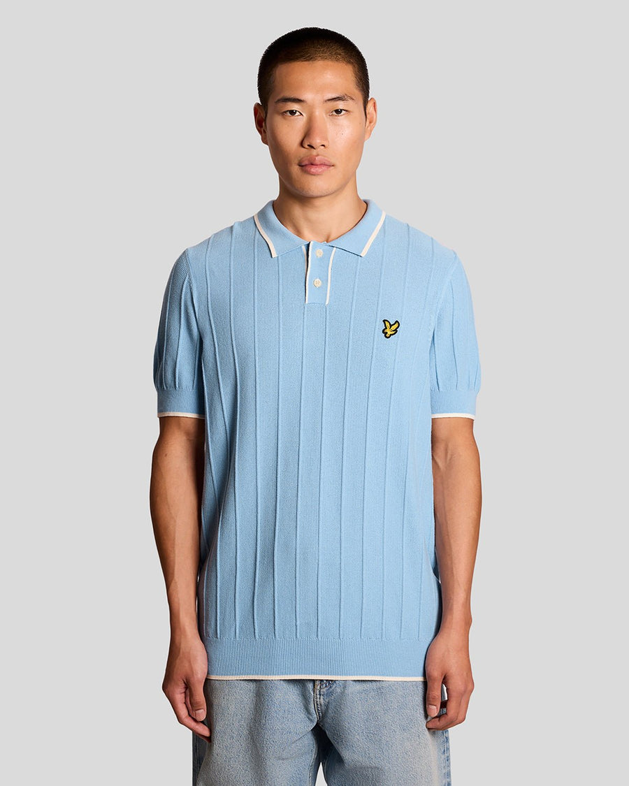 Homme portant un polo en maille piquée à rayures bleu craie