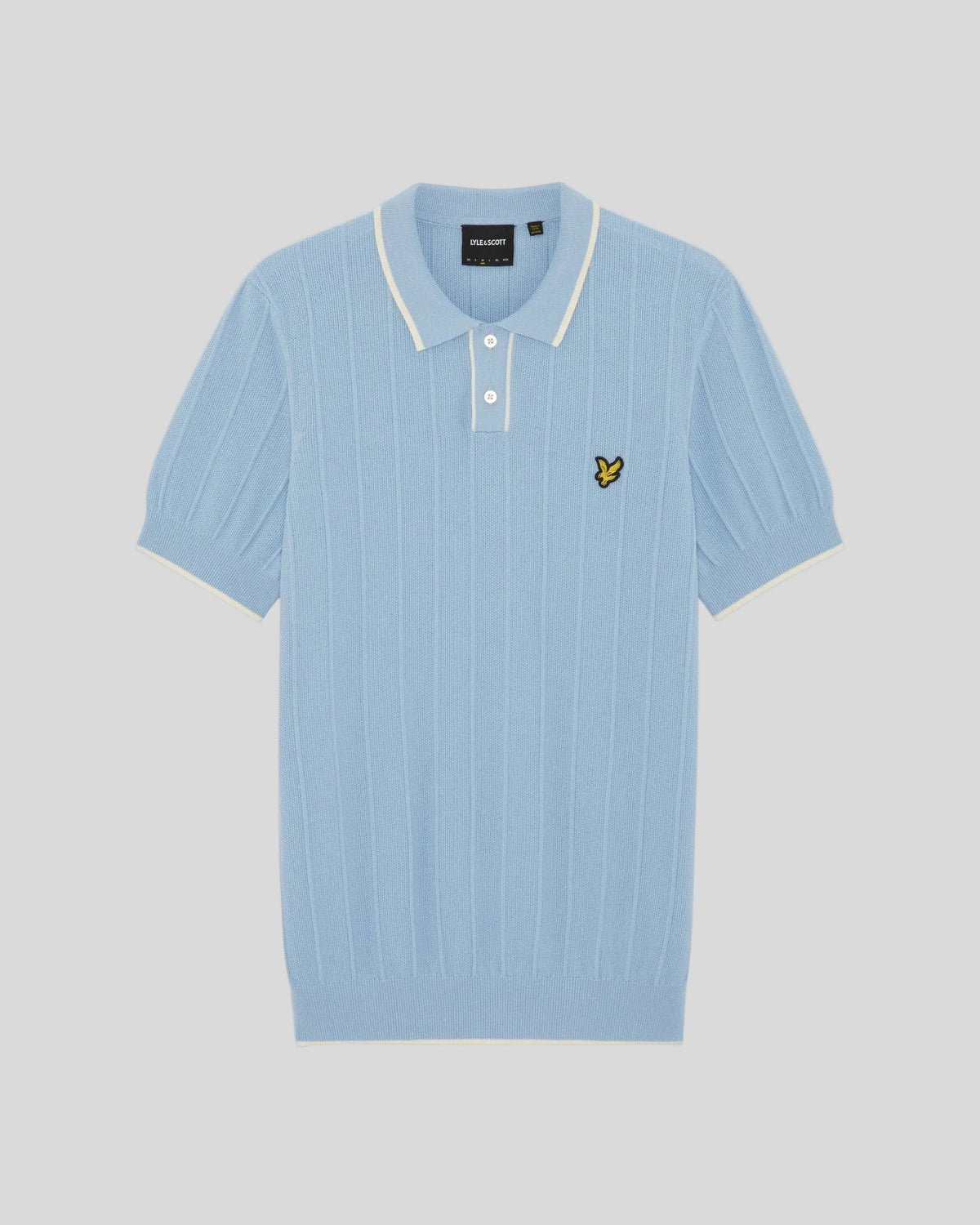 Homme portant un polo en maille piquée à rayures bleu craie
