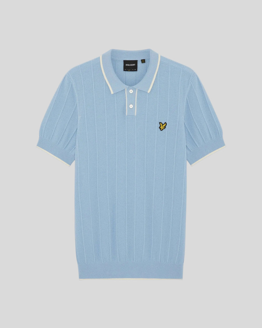 Homme portant un polo en maille piquée à rayures bleu craie
