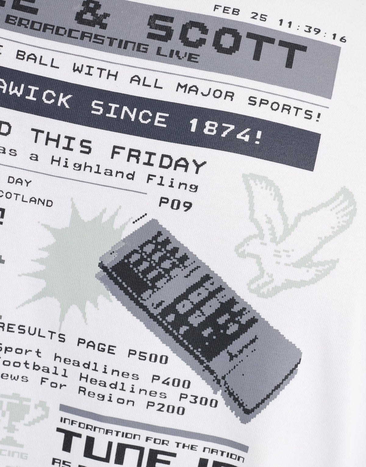 Man wears TV Pixel Back Graphic T-Shirt in White