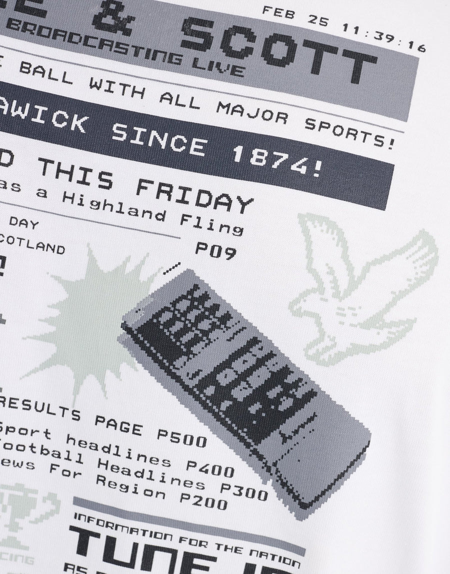 Man wears TV Pixel Back Graphic T-Shirt in White
