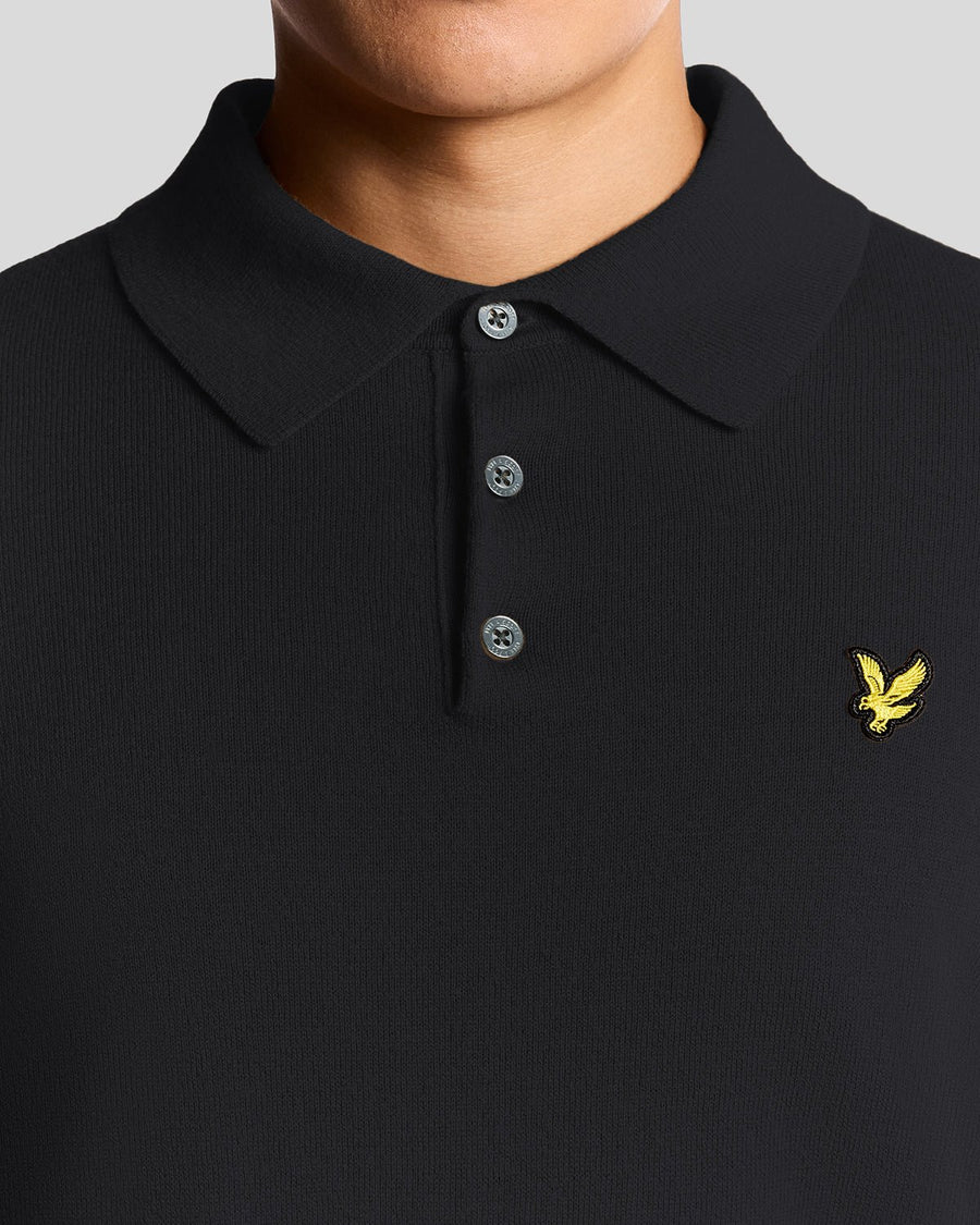 Polo à manches longues en mélange de laine mérinos, bleu marine foncé