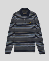Man wears Multi Stripe Long Sleeve Polo Shirt in Dark Navy
