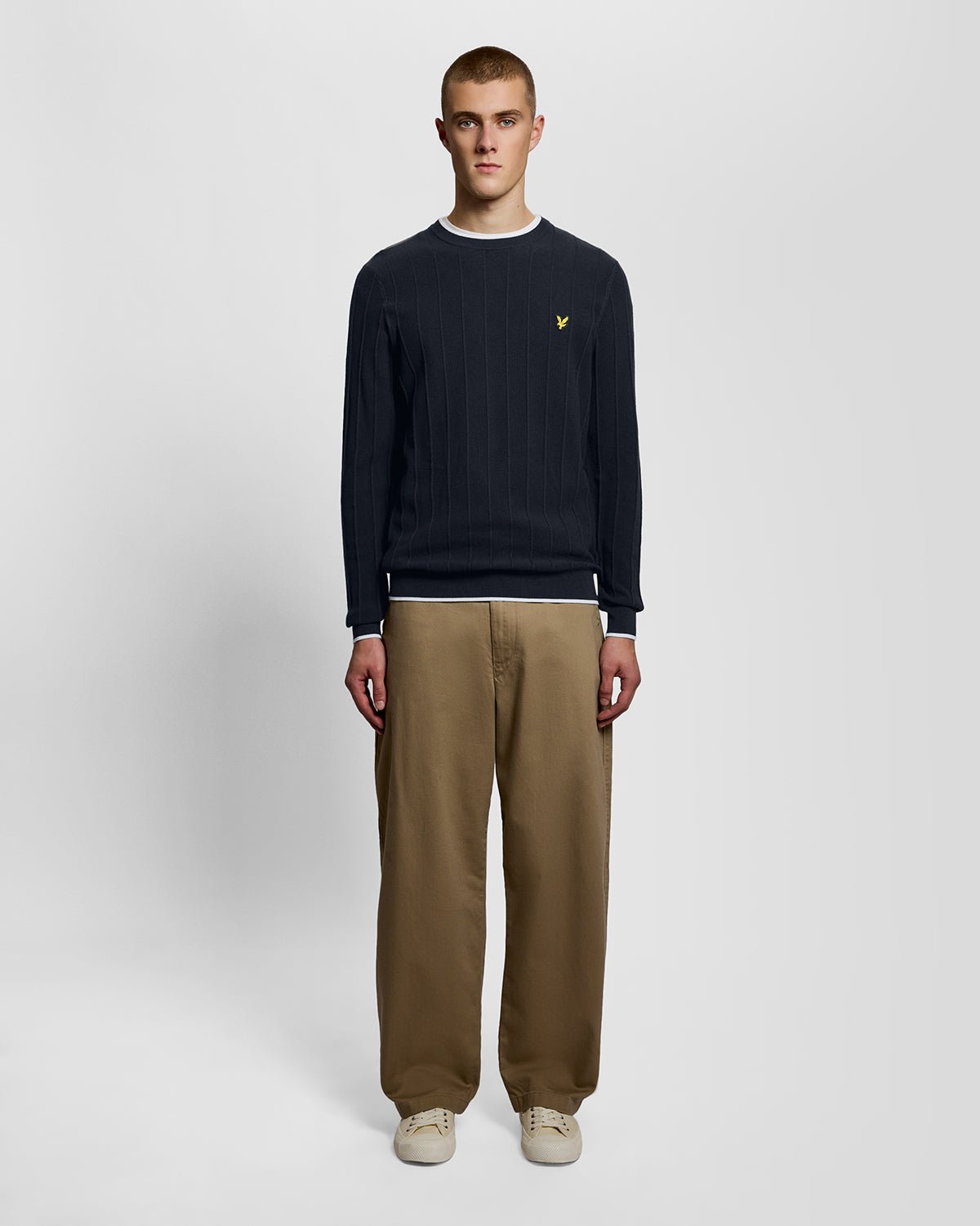 Pull à col rond en maille piquée à rayures, bleu marine foncé