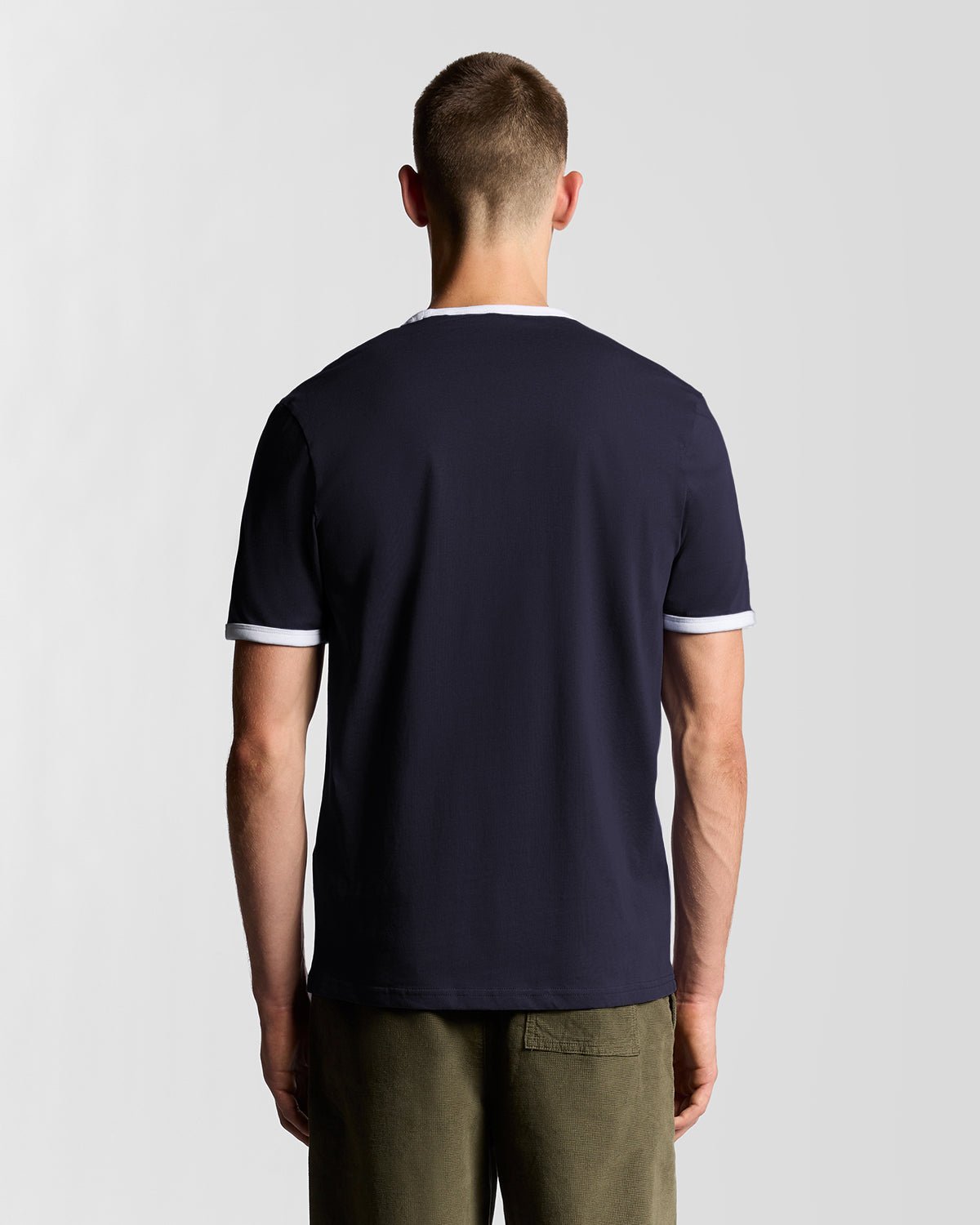 T-shirt à col rond en coton à bordures contrastées, bleu marine foncé et blanc