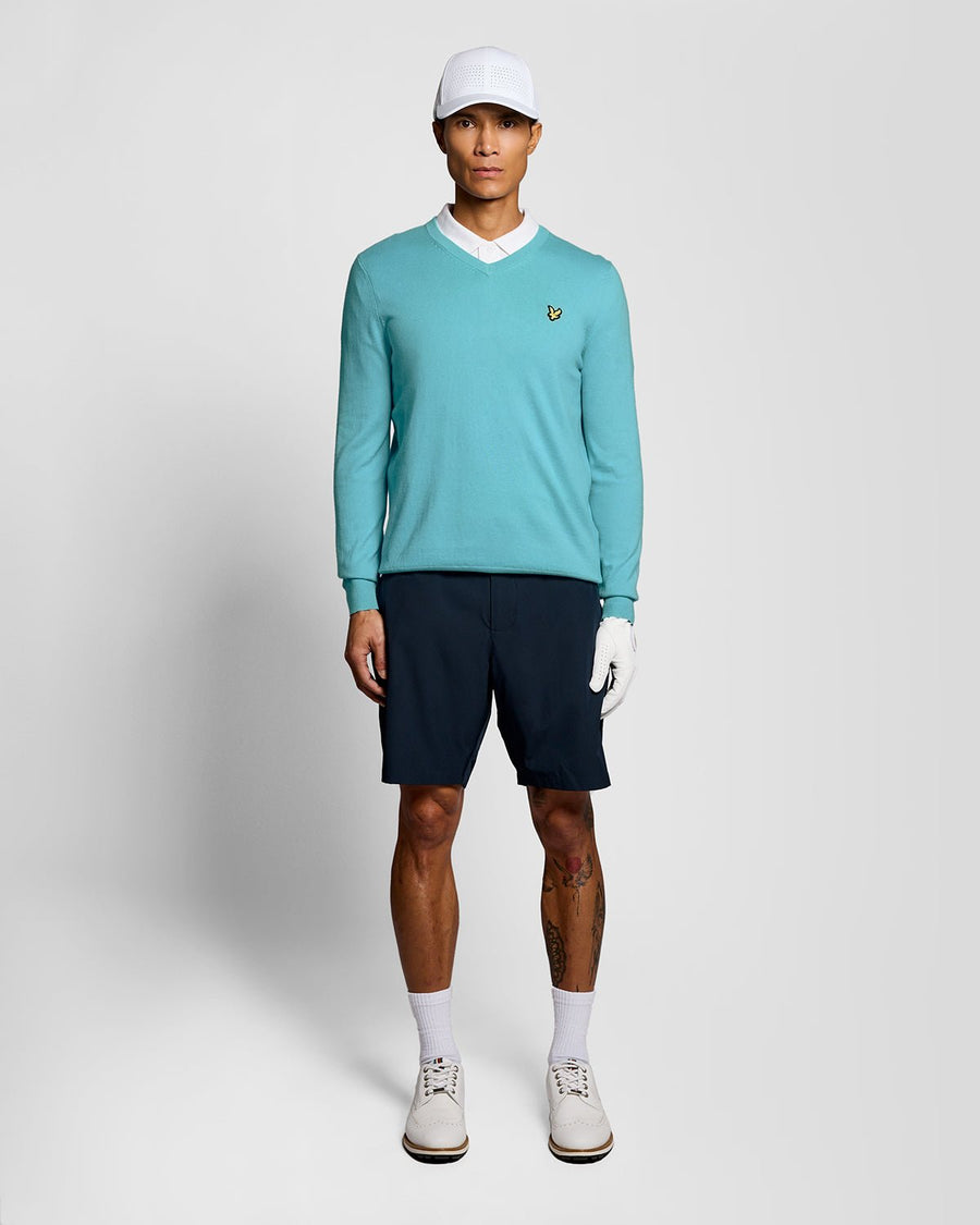 Uomo con maglione a V in misto cotone blu acquamarina