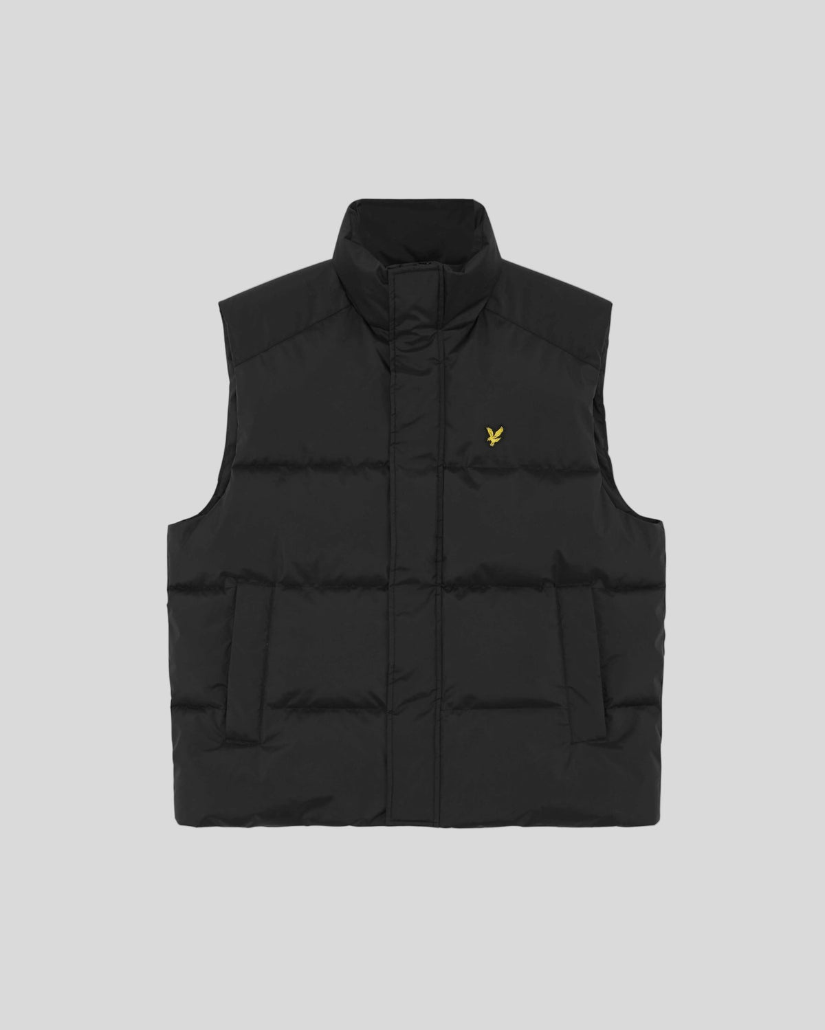 Man wears Funnel Neck Puffer Gilet in Jet Black