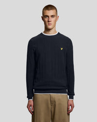 Man wears Tipped Pique Knitted Crew Neck Jumper in Dark Navy