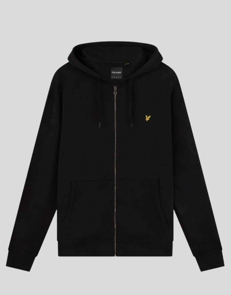 Felpa con cappuccio in cotone Loopback con zip integrale, colore nero corvino