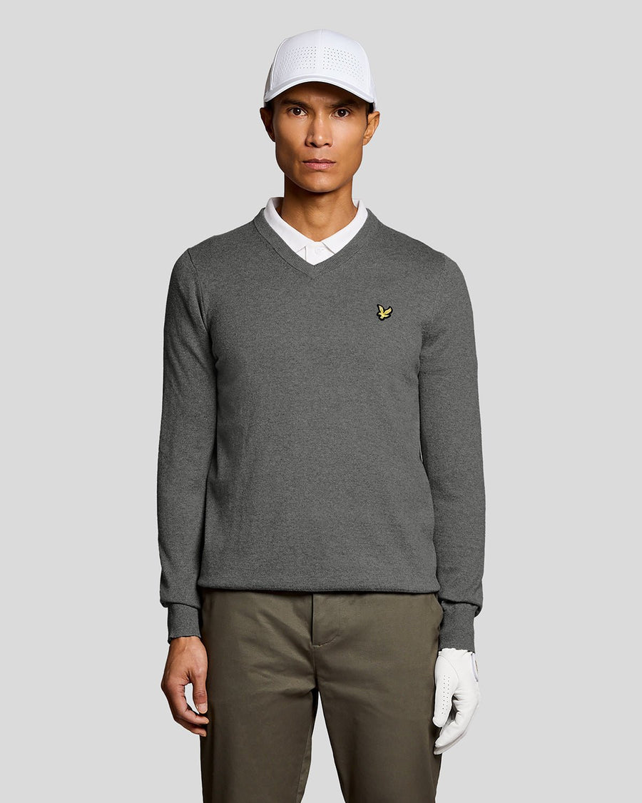 Pull à col en V en coton mélangé, gris chiné moyen, pour homme