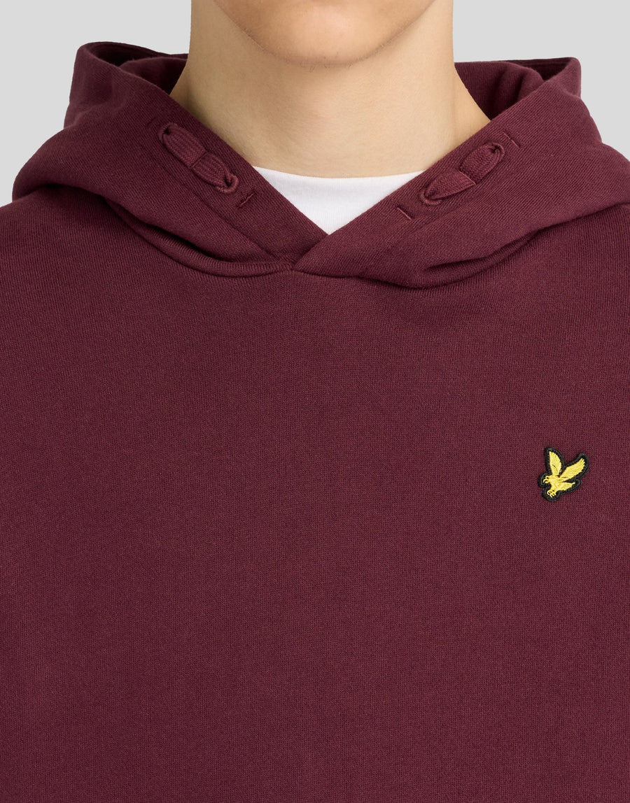 Il ragazzo indossa una felpa con cappuccio e collo a risvolto color bordeaux