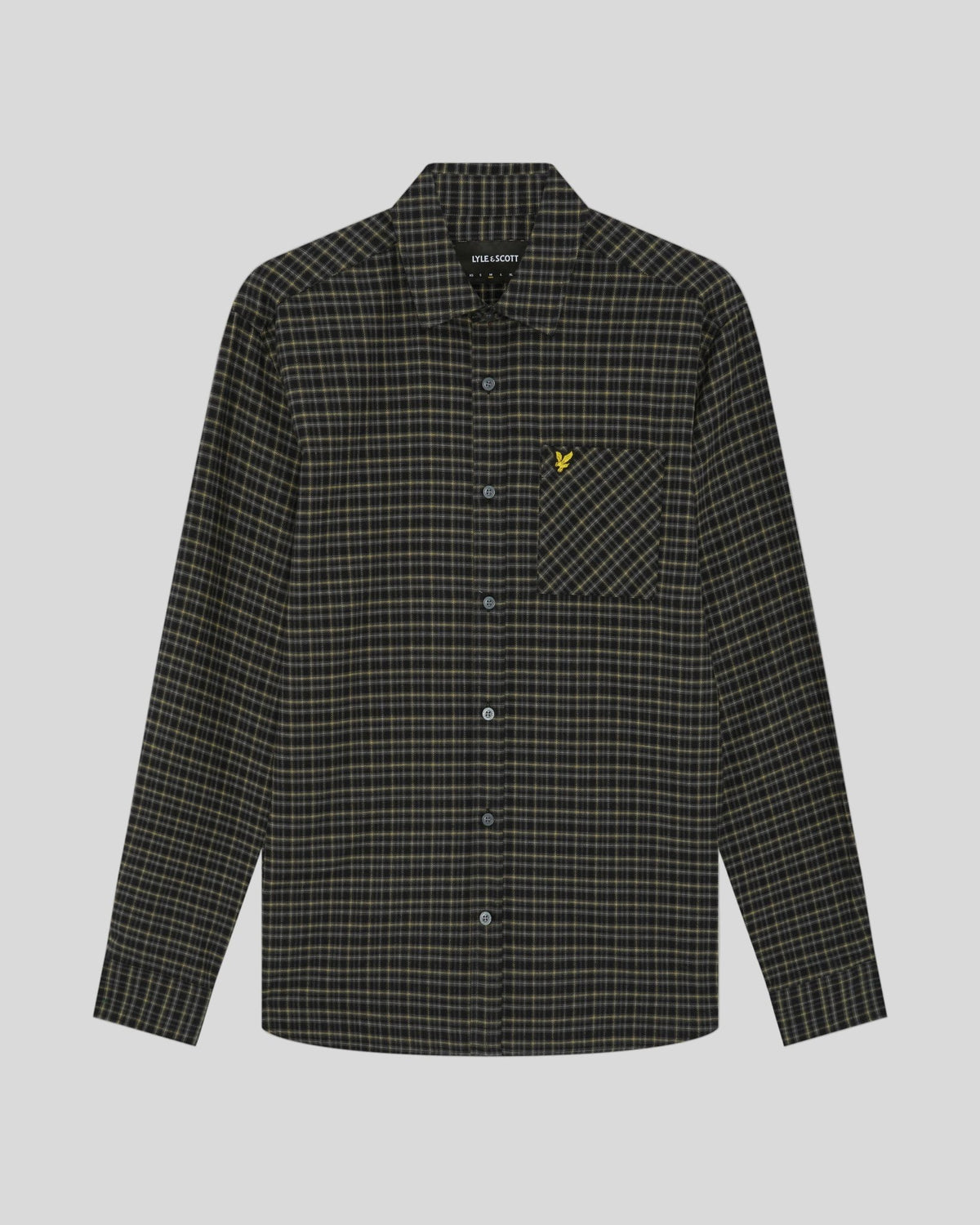 Man wears Tartan Flannel Shirt in Jet Black