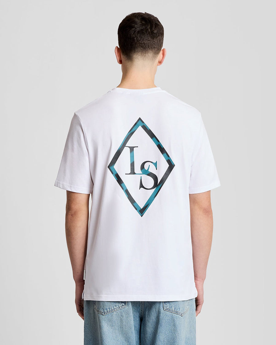 Homme portant un t-shirt à imprimé graphique dans le dos, blanc/lagune