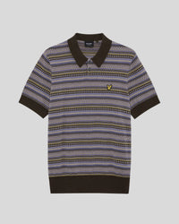 Man wears Fair Isle Knitted Polo Shirt in Ebony