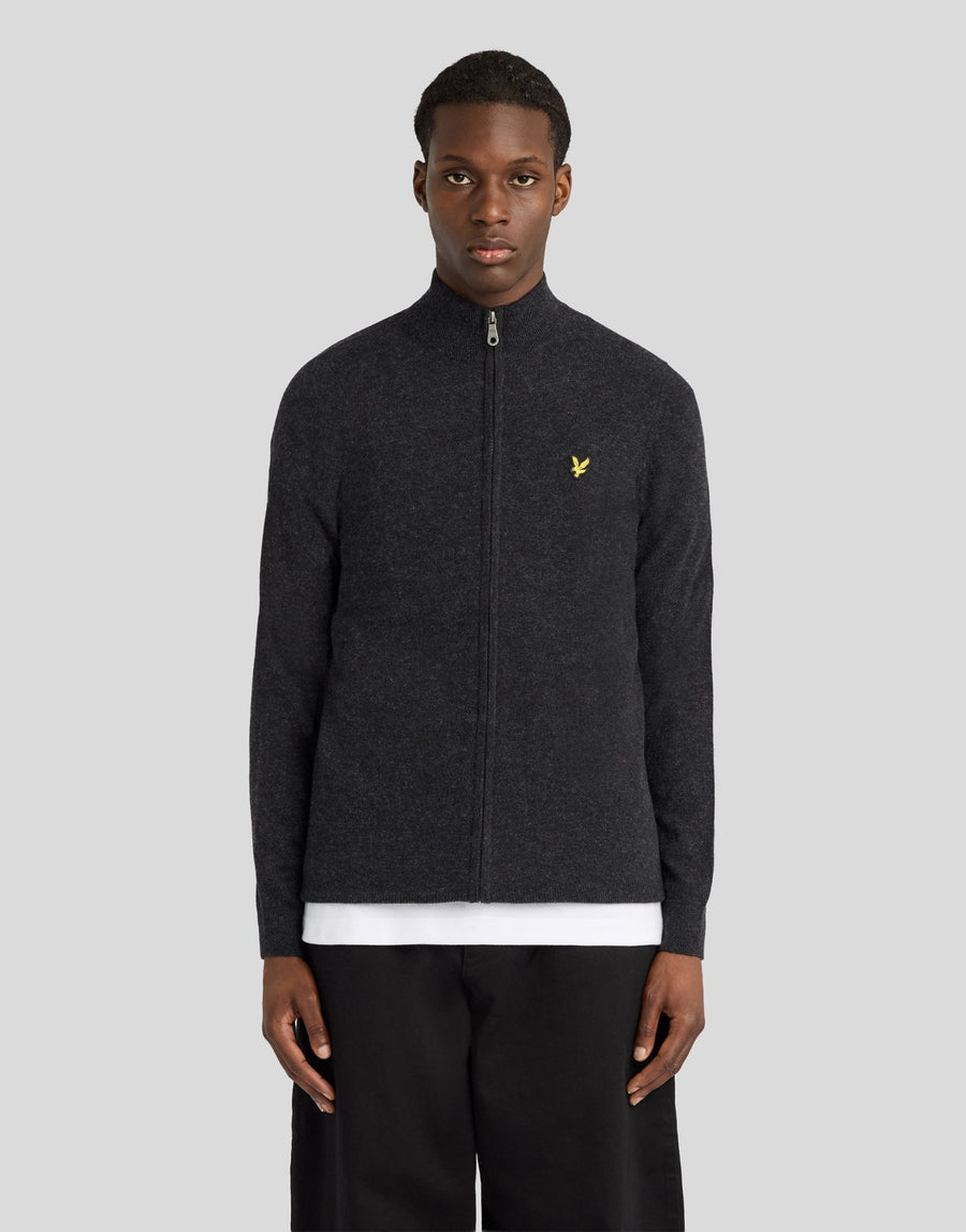 Uomo con cardigan con zip in misto lana d'agnello, colore nero jet melange