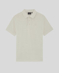Man wears Linen Blend Polo Shirt in Cove