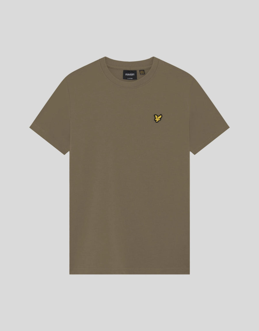 Boy wears Crew Neck Kidswear 2-Pack T-Shirt in Fatigue Olive/White