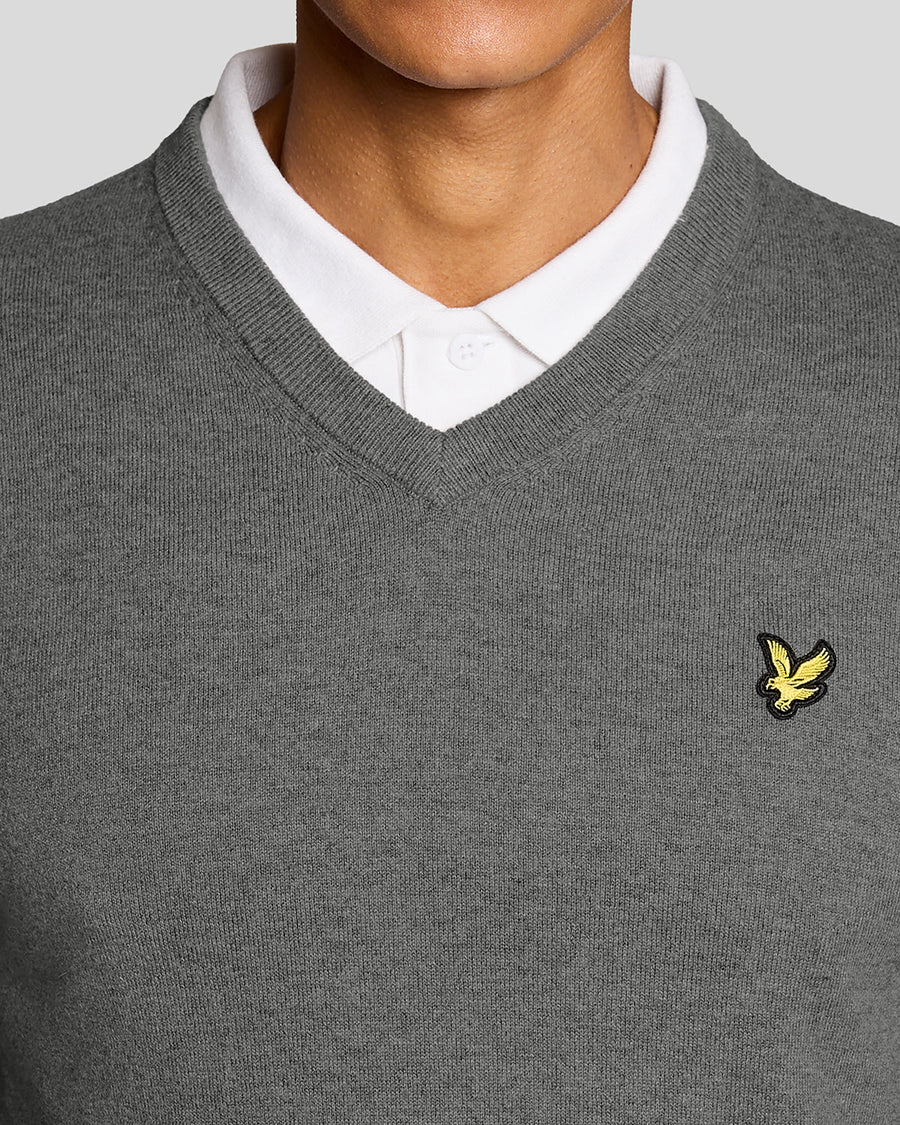 Pull à col en V en coton mélangé, gris chiné moyen, pour homme