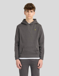 Boy wears Brush Back Hoodie in Gunmetal