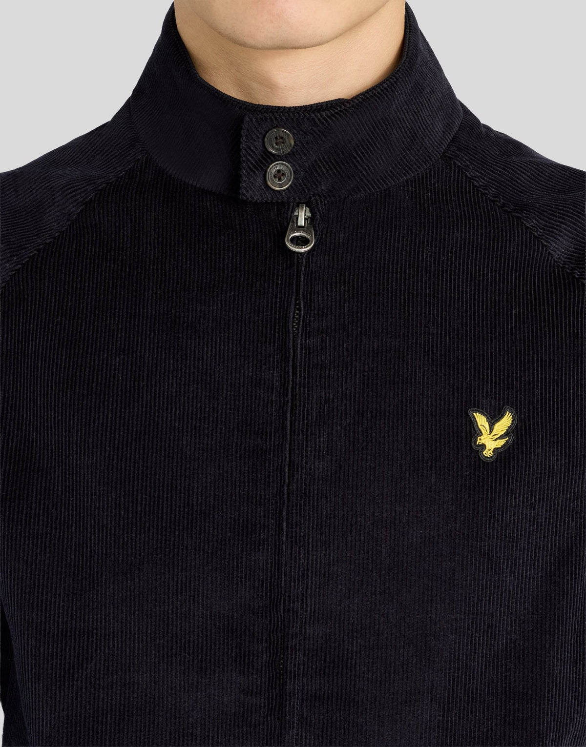 Man wears Corduroy Harrington Jacket in Dark Navy