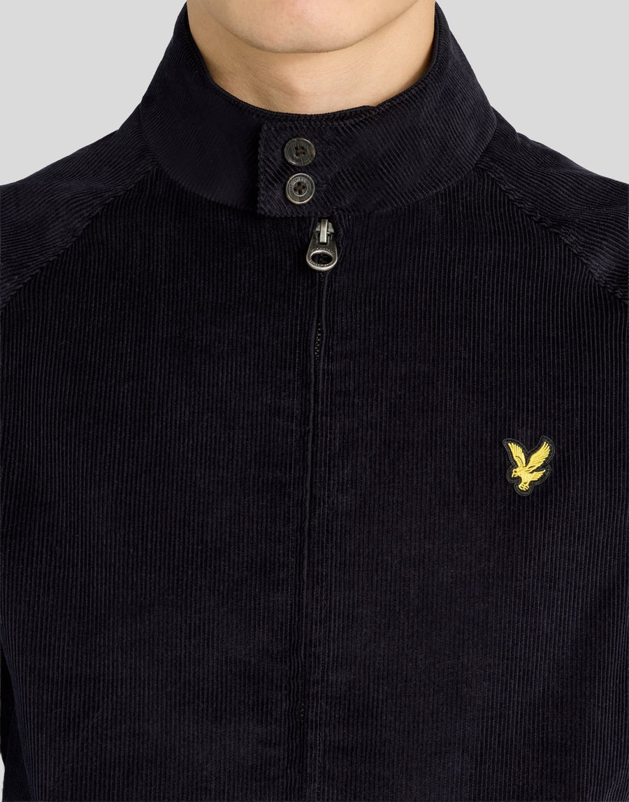 Man wears Corduroy Harrington Jacket in Dark Navy