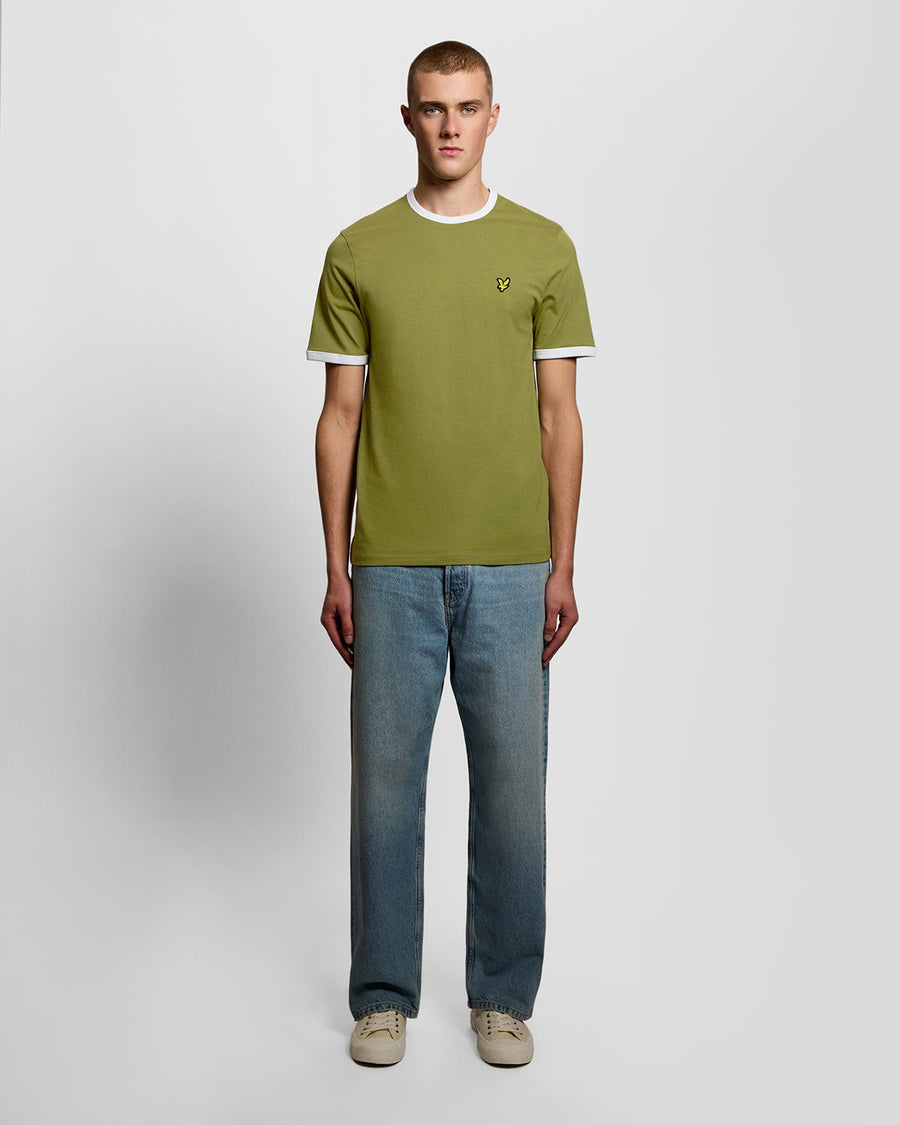 Camiseta de algodón con cuello redondo y cuello en V para hombre en verde arbusto y blanco