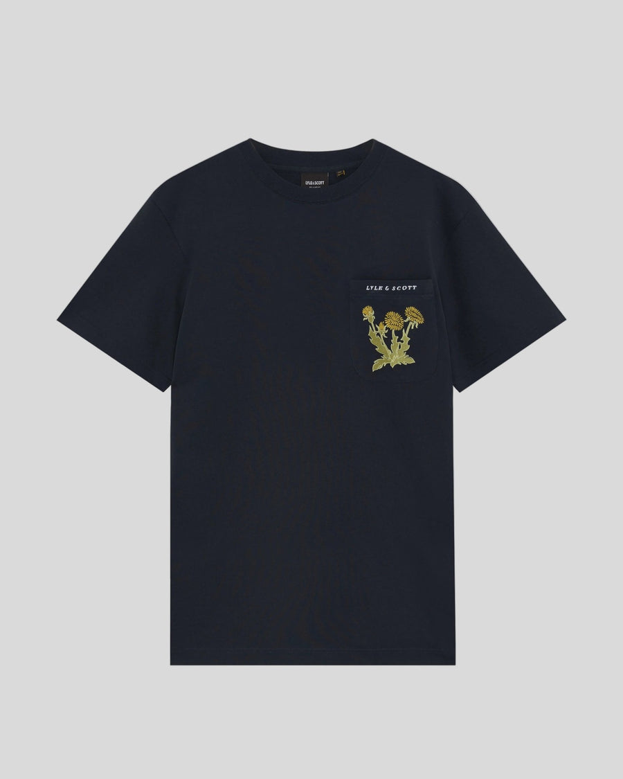 T-shirt pour homme à poche brodée d'un motif botanique, bleu marine foncé