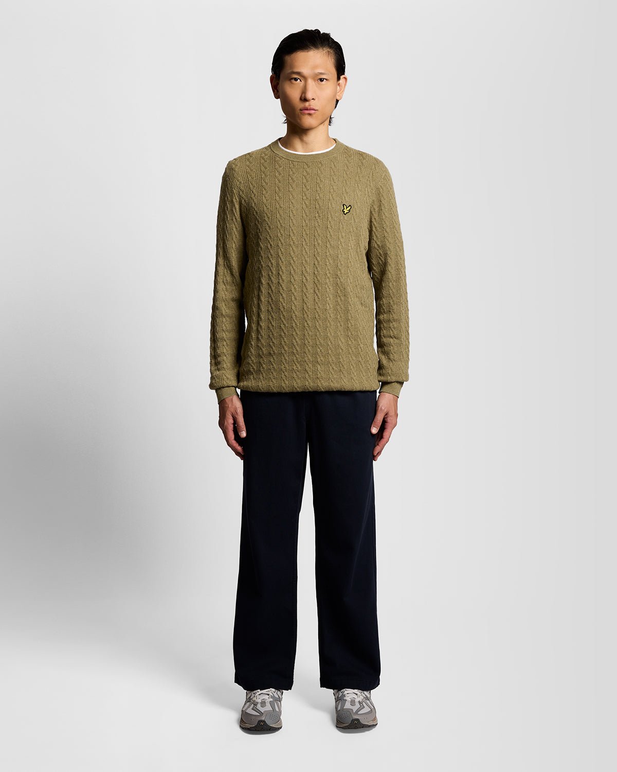 Pull à col rond côtelé en mélange de lin, couleur vert herbe chiné, pour homme