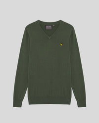 Man wears Cotton Blend V-Neck Jumper in Cactus Green
