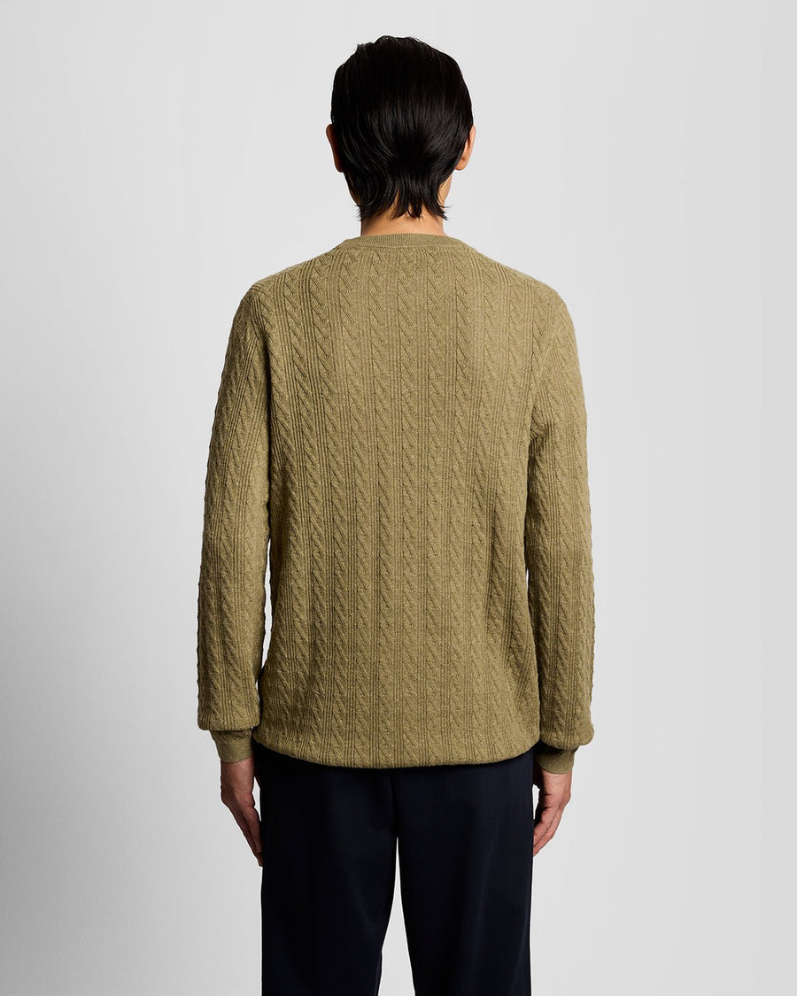 Pull à col rond côtelé en mélange de lin, couleur vert herbe chiné, pour homme
