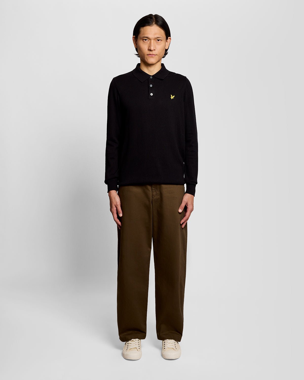 Polo de manga larga de mezcla de merino para hombre en negro azabache