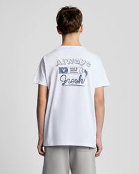 Man wears Back Print Graphic T-Shirt in White