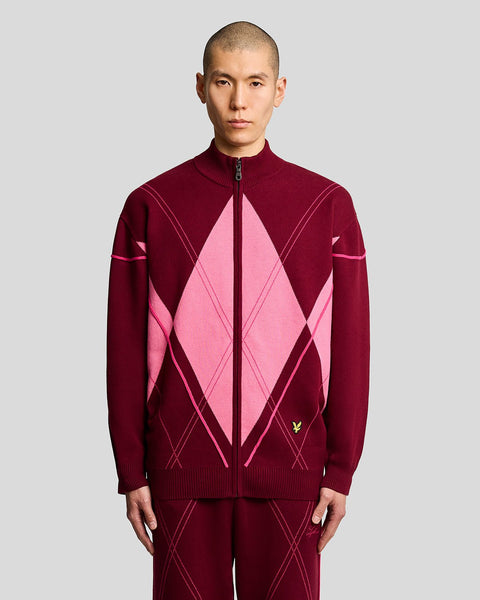 Lyle & Scott Men's Argyle Knitted Track Jacket in Bold Burgundy