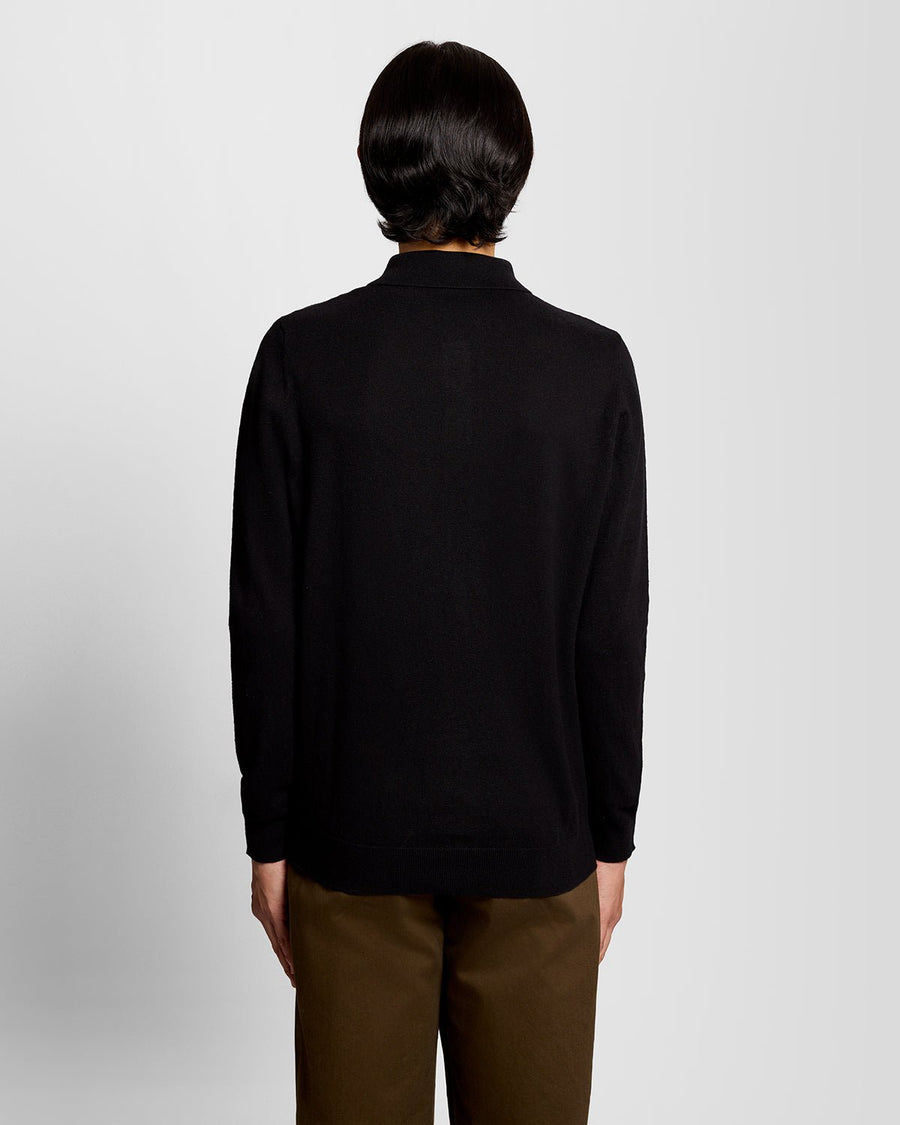 Polo de manga larga de mezcla de merino para hombre en negro azabache